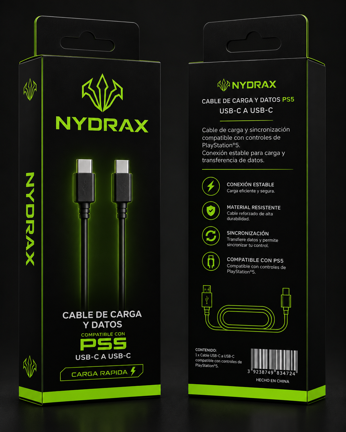 Cable de carga y datos Nydrax para PS5, USB-C a USB-C